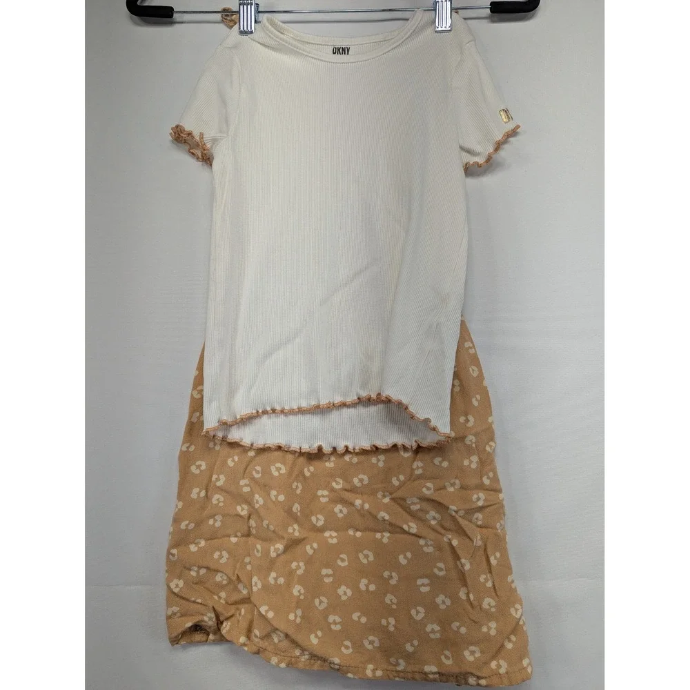 DKNY Girls 2 Piece Outfit Set White Ribbed Tee Tan Floral Print Dress Set M 8 10